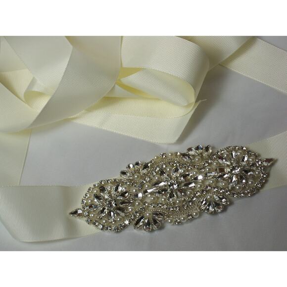 Rhinestone wedding dress belt sash, rhinestone applique ivory bridal sash belt, - Picture 2 of 7